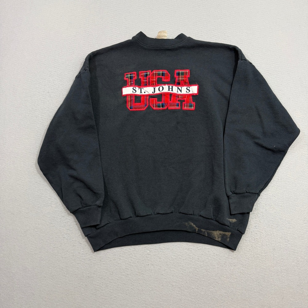 Vintage St John's Red Storm Sweatshirt Mens XL Black USA Plaid Patchwork 90s